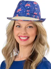 Blue Australian Flag Print and Woven Straw Trilby Hat