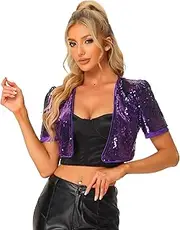 [Allegra K] Sequin Cardigan for Women's Puff Sleeve Open Front Jacket Halloween Sparkly Glitter Cropped Shrug Bolero