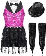 [RUNQHUI] Sparkly Tuxedo Bodysuit Latin Dance Outfits for Girls Tassels Fringe Leotard with Gloves Hat Set Hot Pink&Black 16 Years