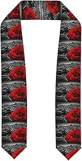 [WURTON] Black White And Red Roses Print Unisex Adult Graduation Stole Class Of 2024 Polyester Shawl Stole With Trim Honor