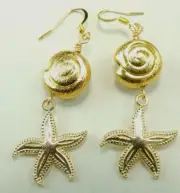 Starfish & Gold Plated Swirl Shell Dangle Earrings Handmade Jewelry