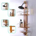 Bathroom Bamboo Shower Caddy Chrome Steel Bath Shelf Tier Storage Rack with Hook