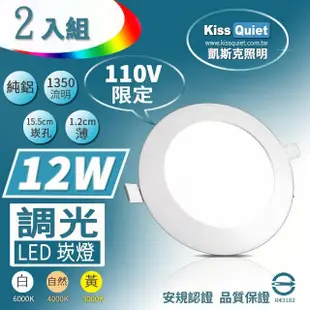 【KISS QUIET】柔順調光-12W超薄LED崁燈 110V限定 -2入(崁燈 吸頂燈 嵌燈 燈泡 軌道燈 面板管)