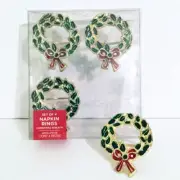 Christmas Wreath Napkin Rings Set 4 Brass Enamel Holiday