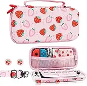 HYPERCASE Pink Strawberry Carrying Case Compatible with Nintendo Switch/OLED, Portable Travel Accessories Bundle for Switch Console with 10 Game Card Slots, Shoulder Strap and 2 Cute Thumb Caps