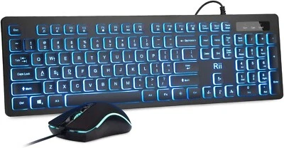 Rii Three Colors Backlit Keyboard and Mouse, Wired Keyboard and Mouse Combo, USB