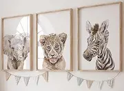 Safari Animals Set of 3 Baby Girl or Boy Nursery Unframed Prints, Bedroom Decor Wall Art Posters, Elephant Lion Zebra, Watercolour Style Prints (A4)