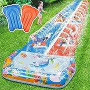 40FT Slip Double Water Slides with 2 Bodyboards, Extra Long Lawn Water Slides for Kids Adults Heavy Duty, Giant Outdoor Water Slip Toys with Crash Pad for Backyard Summer Party
