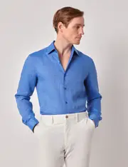 Hawes & Curtis Mid Blue Pure Linen Slim Shirt | One Piece Collar | Full Cutaway Size: Small
