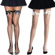[Miaband] 2 Pairs Bow Fishnet Thigh High Stockings Mesh Tights Sexy Black Fishnet High Socks Mardi Gras Party Cosplay for Women, Black White, One Size