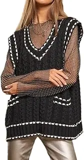 [Mywinway] Sweater Vest for Women 2025 Spring Summer Sleeveless Cable V Neck Knit Casual Pullover Vest Tops with Pockets
