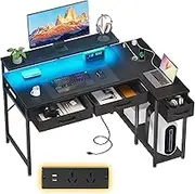 ODK L Shaped Computer Desk with 10 Colour RGB LED Lights&2 AC Outlets, Home Office Desk with Flexible Monitor Stand, Corner Desk with 3 Drawers Reversible Storage Shelves，126 * 80 * 92.7cm, Black