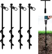 VASGOR 12” Ground Anchors (4pcs) Easy to Use with Drill, 10mm Diameter, Heavy Duty Anchor Hook for Camping Tent, Canopies, Car Ports, Sheds, Swing Sets, Securing Animals – Black Powder Coated