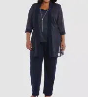 R&M Richards Womens Blue Metallic Necklace Top, Pants & Jacket Set Plus Size 18W