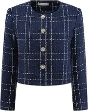 [Hobemty] Women's Tweed Blazer Casual Collarless Button Front Plaid Jacket