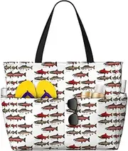 [Ghjkfbf] Salmon Print Large Capacity Beach Travel Bag For Family, Beach Tote Bag For Women With Zipper Pockets, Black, One Size