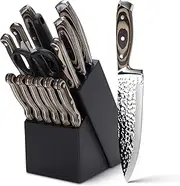 Knife Set,15 Pieces Kitchen Knife Set with Wooden Block,High Carbon Japanese Stainless Steel Knife Block Set,Ultra Sharp, Full-Tang Design,Irregular Hammer Pattern