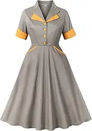 [GHAKKE] Women's 1950s Vintage Shirt Dress Lapel Short Sleeve Audrey Hepburn Style Party Cocktail Rockabilly Prom Swing Dress