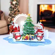 Santa Snowman & Penguin Around Christmas Tree Pop Card