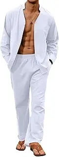 [HanzhuoLG] Men's Cotton Linen Tracksuit Set Solid Color Fashion Loose Stand Collar Long Sleeve Shirt & Pants Two Piece Set Small White