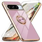 Jusy for Google Pixel 8 Pro Case with Screen Protector, Built-in 360° Magnetic Stand and Ring Holder, Luxury Plating Edge Slim Fit Shiny Protective Phone Cover for Women Men Girls Boys (Purple/Golden)