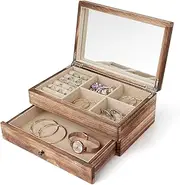 Meangood Jewelry Box Organizer for Women, 2 Layer Large Jewelry Storage Case, Rustic Wooden Jewelry Box with Mirror & Ring Tray for Necklace Earring Bracelets Rings, Vintage Style (Torched Wood)
