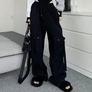 Drawstring Waist Plain Wide Leg Cargo Pants Pants - Black - M