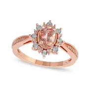 Oval Morganite and 0.10 CT. T.W. Natural Diamond Sunburst Frame Antique Vintage-Style Tapered Shank Ring in Solid 10K Rose Gold