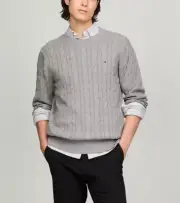 $89.5 Tommy Hilfiger Men's Cotton Cable Knit Crewneck Sweater Grey Heather M