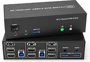 KVM Switch 3 Monitors 2 Computers 4K@60Hz, 2 HDMI+Displayport KVM Switch Triple Monitor for 2 Computer Share 3 Monitor, Audio Mic Port and 3 USB3.0 Devices, Wired Remote and 5V Power Adapter