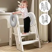 Foldable Step Stool for Bathroom Sink,Adjustable 2 to 3 Steps Toddler Step Stools for Bathroom Sink,Step Stool for Kids with Non-Slip Pads & Handles for Toilet Potty Training,Kitchen Counter (Grey)