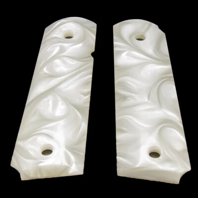 1911 White Pearl Polymer Ambi Safty Cut Grips - Full Size - Bonus 4 Gold Screws