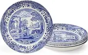 [Spode] Blue Italian Pasta Bowl, Set of 4-9 Inch Shallow Earthenware Serving Bowls with Oriental Border Design - Asian Style Tableware for Salad, Pasta, Noodles, Shared Side Dishes