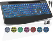 Trueque Wireless Keyboard with 7 Colored Backlits, Wrist Rest, Phone Holder, Rechargeable Ergonomic Computer Keyboard with Silent Keys, Full Size Lighted Keyboard for Windows, Macbook, PC, Laptop