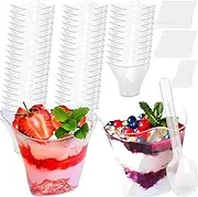 50 x 3.38 oz Mini Dessert Cups with Spoons, Square - Clear Plastic Parfait Appetizer Cup - Large Reusable Serving Bowl for Tasting Party Desserts Appetizers Dessert Pudding Mousse Snacks
