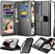 [NJJEX] Galaxy S21 FE 5G Case, for Samsung S21 Fan Edition/ S21 FE 5G Wallet Case, [9 Card Slots] PU Leather ID Credit Holder Folio Flip [Detachable] Kickstand Magnetic Phone Cover & Lanyard [Black]