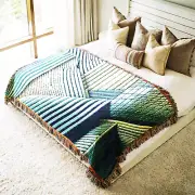 Geometric Blue Striped Woven Throw Blanket, Modern Quilt Tapestry Textile White