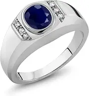 [Gem Stone King] Men's 925 Sterling Silver Blue and White Sapphire Ring | 1.85 Cttw | Oval 8X6MM | Gemstone Birthstone | Available In Size 7, 8, 9, 10, 11, 12, 13