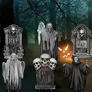 6-Pack Spooky Graveyard Decorations - Weather-Resistant Stake-Mounted Featherless No Electricity Needed Easy-to-Assemble Plastic Ghosts and Tombstones Yard Sig