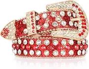 [CowboyGuru] Kids Rhinestone Western Belt for Girls Boys, Cowboy Cowgirl Diamond Studded Bling Leather Belt, 5-red