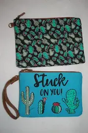 2 LOT CANVAS BAG Zipper Pouch MAKEUP COSMETIC BAG Black Teal STUCK ON YOU Cactus