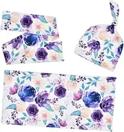 SWOOMEY 1 Set 3pcs Newborn Floral Printing Headband Turban Beanie Hat Swaddle Blankets Printing Beanie for Photo Shoots and Special Occasions Purple Flower