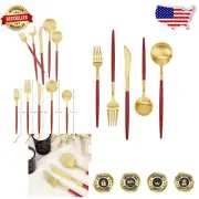 30-Piece Stainless Steel Silverware Set - Matte Red Gold Elegance for Every Meal