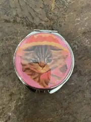 Vintage Kitty In Bonnet Small Round Silver Mirror Compact