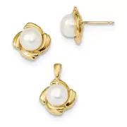 14k 14kt Yellow Gold 6-7mm White Button FWC Pearl Earring and Pendant Set