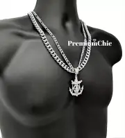 Jesus Anchor Pendant w 24" Figaro & Cuban Link Chain Necklace Plated CZ Jewelry