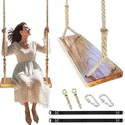 MOMEEMO Classic Wooden Tree Swing for Adults & Backyards - 500LB Capacity Adjustable Rope Straps, Waterproof Seat - Indoor/Outdoor Yoga Swingset, Backyard Essentials with Hanging String Design