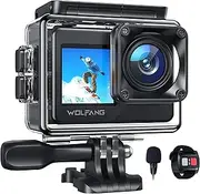 WOLFANG GA120 Action Cam 4K 20MP WiFi Camera, Underwater Camera, 40 m Waterproof Camera, 170° Wide Angle Dual Screen Vlogging Camera with Ice Image Stabilisation, Helmet Mount Accessory Kits