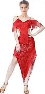 [Jormino] Sequin Fringe Latin Dance Dress, Mesh & Glitter Salsa Dresses for Women, Shimmery Party Skirts, Red, Medium