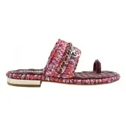 Chanel 20S Red Purple Raffia Tweed CC Chain Logo Mule Slide Strap Flat Sandal 37